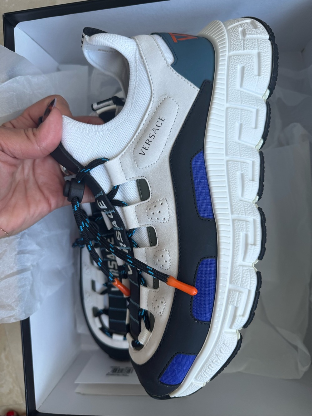 Complexland x Versace White Black Blue Accent Chain-Style Sneaker